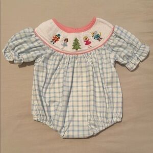 Blue Checkered Baby Romper with Embroidered Collar